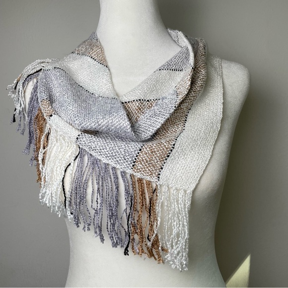 Handmade Neutral Minimalist Boho Striped Beachy Coastal Lagenlook Artisan Scarf - Picture 1 of 13
